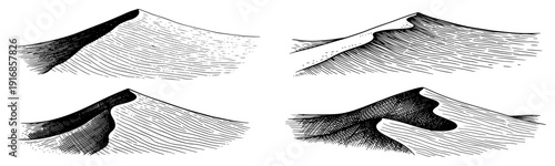 Collection of hand drawn desert sand dunes in a vintage engraving style