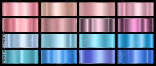 Set of metallic gradients in pink and blue shades. Metallic gradient and foil effects for your design. Vector EPS 10.