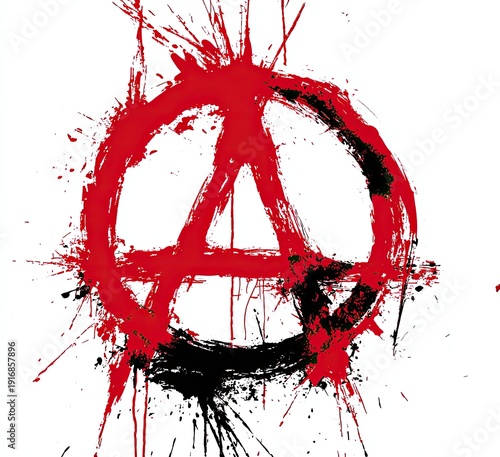 Red and black paint splatters form an iconic anarchy symbol