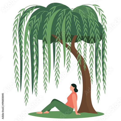 Woman Meditating Under Weeping Willow Tree.