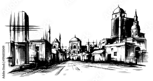 Vintage architectural sketch of an old town street with historic buildings and tower
