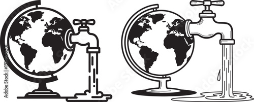 Globe icons with a running tap and water, symbolizing water scarcity and global resource management