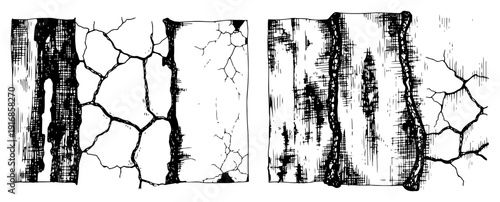 Four vertical panels showing highly detailed cracked earth and weathered stone textures in ink style