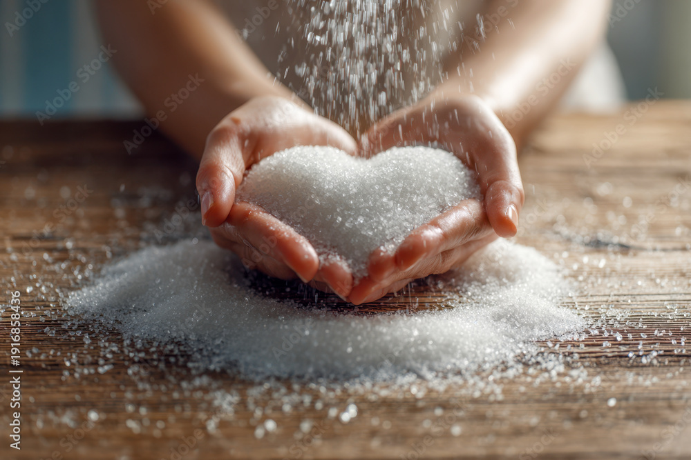 Fototapeta premium Pair of hands holding and shaping granulated white sugar in a heart form with sugar pouring down on a rustic wooden surface creating a romantic atmosphere