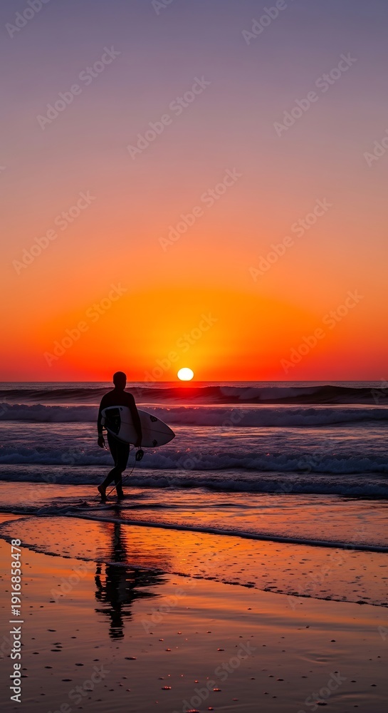 Fototapeta premium Man walking on beach at sunset.