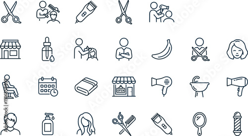 Large hair salon icon set featuring barber tools like scissors clippers hair dryers and stylist services for beauty parlor and grooming
