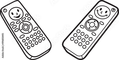 Two cartoon remote controls with happy faces, modern technology and entertainment concept