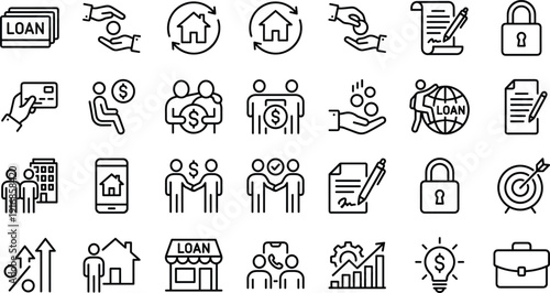 Large financial loan icon set featuring mortgage agreements credit cards interest rates bank buildings and investment growth symbols for banking designs
