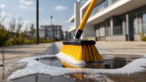 Wallpaper Mural Yellow broom cleaning a patio with soap suds outdoor Torontodigital.ca