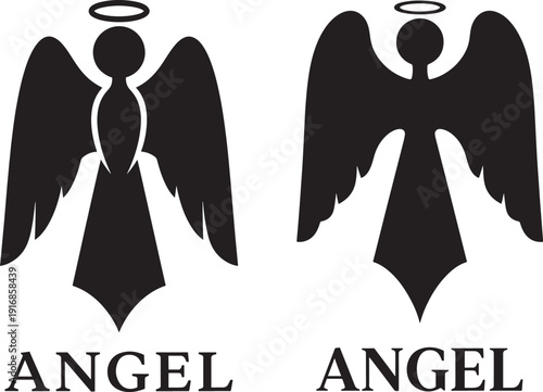 Simple black and white angel silhouettes with halos, symbol of divinity and peace