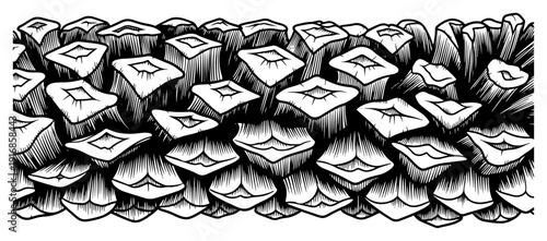 Intricate hand drawn pattern of overlapping organic scales in a vintage style