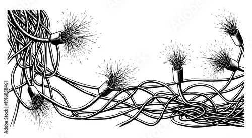 Hand drawn engraving of tangled wires and cables with sparking fiber optic ends