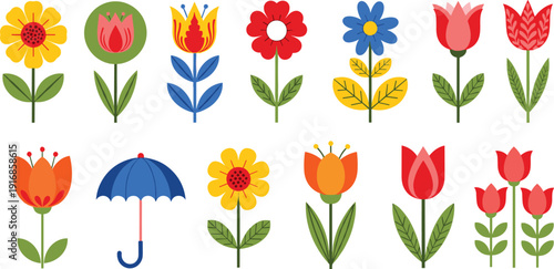 Flat vector illustration set of colorful stylized spring flowers and garden plants with a blue umbrella isolated on a white background for floral design