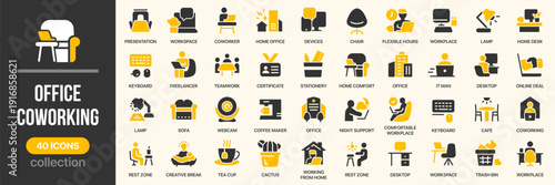 Office and coworking fill icon collection. Includes workspace, freelancer, teamwork, remote work, desk and office symbols. Created in colored style with yellow palette