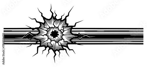 Stylized graphic illustration of a bullet hole with sharp radiating cracks on a horizontal background
