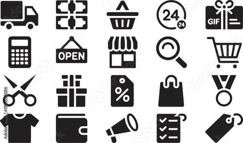 Shopping retail business icons set with store cart payment and ecommerce symbols isolated EPS pack.