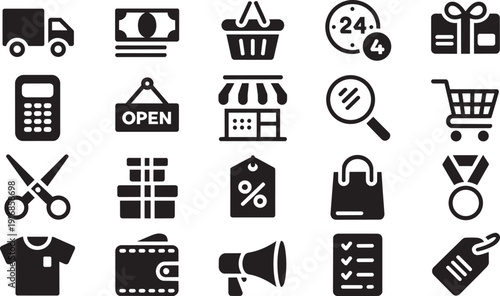 Shopping retail business icons set with store cart payment and ecommerce symbols isolated EPS pack.
