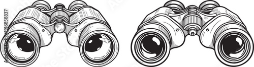 Binoculars illustration, front view, detailed black and white vector, exploration and discovery concept