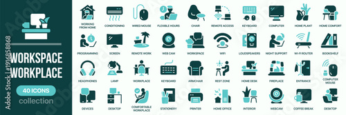 Workspace and workplace fill icon collection. Includes remote work, computer, desk, wifi, office and home office symbols. Created in colored style with turquoise palette