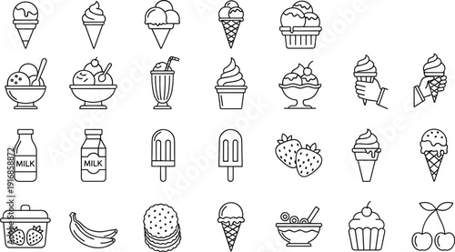 Large ice cream icon set featuring delicious summer treats like cones sundae bowls milkshakes popsicles and sweet snacks for dessert menus