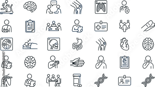 Large healthcare icon set featuring medical professionals anatomy internal organs bone x-rays and clinical diagnosis symbols for hospital and wellness designs