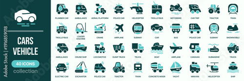 Cars and vehicle fill icon collection. Includes transport, automobile, truck, train, airplane and public transport symbols. Created in colored style with turquoise palette