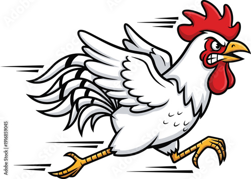 Aggressive cartoon rooster mascot running fast with speed lines isolated on white background for sports team logo delivery service
