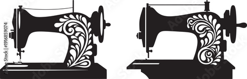 Vintage sewing machine illustration, ornate floral design, black and white vector, tailor and craft concept