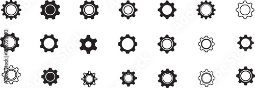 Set of twenty-one gear and cog icons in various minimalist styles, including solid silhouettes and outline designs for settings, configuration, engineering, and industrial UI elements.