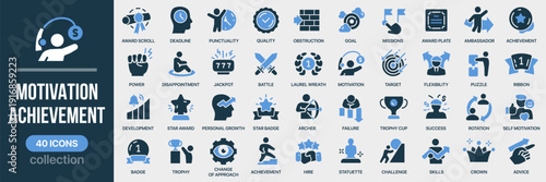 Motivation and achievement fill icon collection. Includes success, goal, award, growth, challenge and personal development symbols. Created in colored style with blue palette