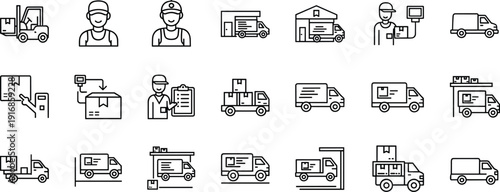 Large logistics icon set featuring delivery trucks warehouse workers forklift operations and shipping parcels for transportation supply chain and distribution designs