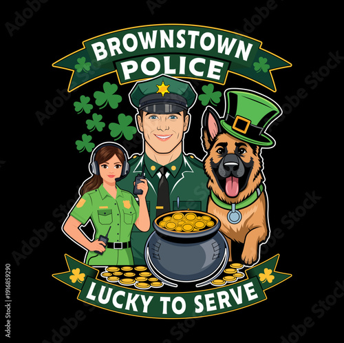 St. Patrick's Day Police Department Illustration - Lucky to Serve Mascot with K9 and Officers