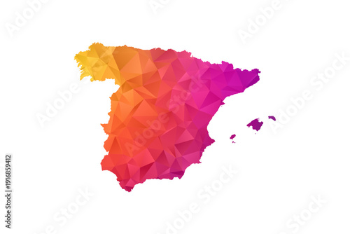 Spain Map - Polygon Style Vector Illustration in Orange and Pink Gradient, Low Poly Geometric Design, Isolated on White Background for Infographics and Education.