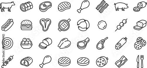 Large meat icon set featuring beef chicken pork sausages steak bacon and deli products for butchery restaurant menu and food industry