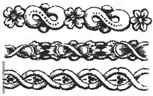 Vintage border vectors. Engraved baroque ornament frieze with floral strapwork and knots. Decorative dividers for certificate and frame