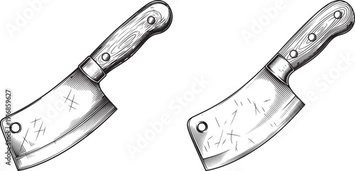 Vintage Meat Cleaver and Butcher Knife - Engraved Style