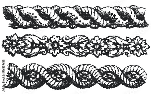 Vintage border vectors. Engraved baroque ornament frieze with floral strapwork and knots. Decorative dividers for certificate and frame