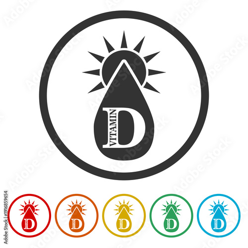 Vitamin D sun shining icon. Set icons in color circle buttons
