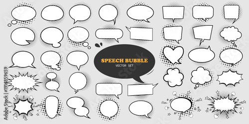 A set of speech bubbles of various shapes for comics with a shadow of semitones on a gray background. Speech clouds in the retro cartoon style. Pop art style. Vector EPS 10.
