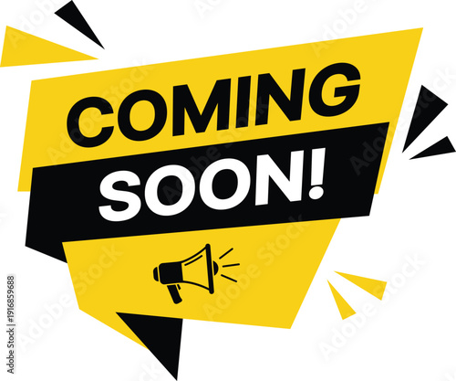 Yellow and black coming soon banner with megaphone announcement promotion