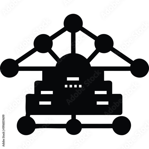 Black and White Network Infrastructure Icon with Interconnected Nodes and Central Server for Technology, Communication, and Data Management Themes