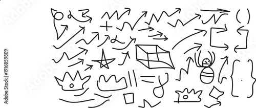 A collection of hand drawn arrows symbols and abstract shapes in black on a white background
