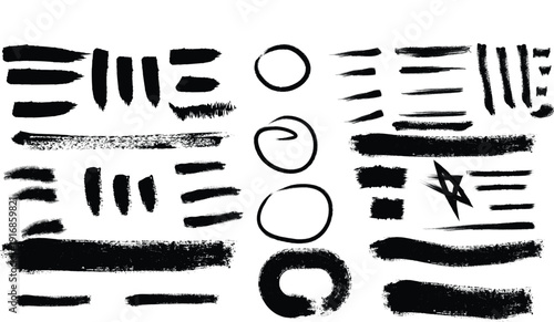 A collection of various black brush strokes and shapes on a white background