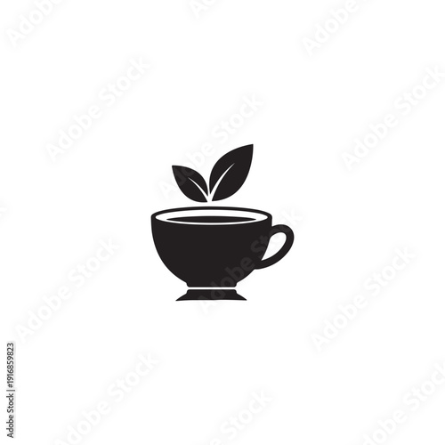  Minimalist Black Teacup with Fresh Leaves Icon: Simple Vector Illustration for Organic Herbal Tea, Natural Beverages, Health and Wellness Branding