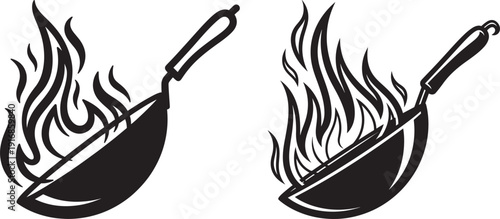 Iconic Black and White Wok with Flames, Symbolizing Stir-Fry Cooking
