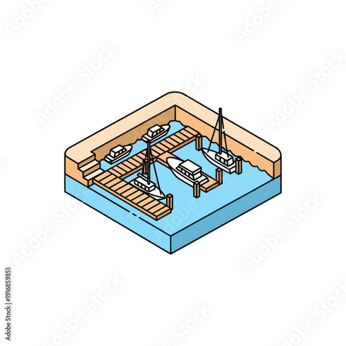 Isometric Illustration of Dock and Boats.