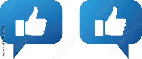 Two blue speech bubbles with white thumbs up like approval