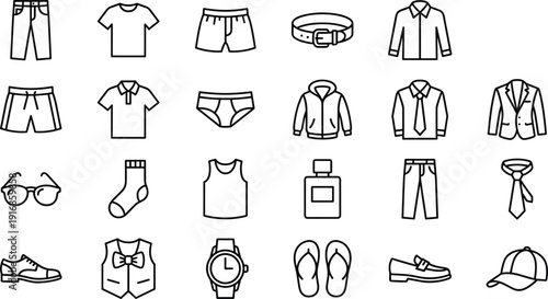 Large men's fashion icon set featuring formal suits casual shirts trousers footwear and accessories for retail apparel and male lifestyle designs