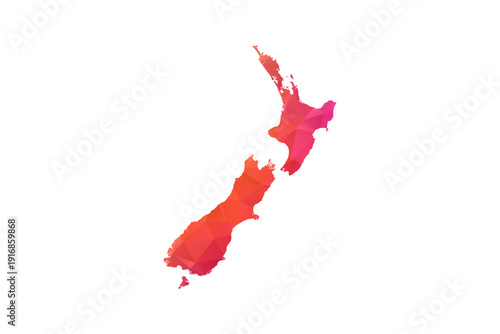 New Zealand Map - Polygon Style Vector Illustration in Orange and Pink Gradient, Low Poly Geometric Design, Isolated on White Background for Infographics and Education.