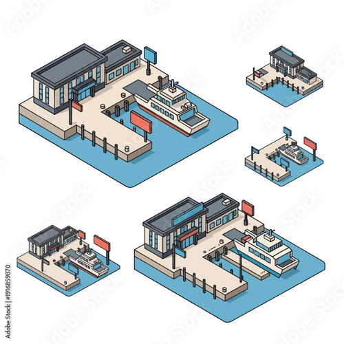 Isometric Marina Buildings and Docked Boats Illustration.